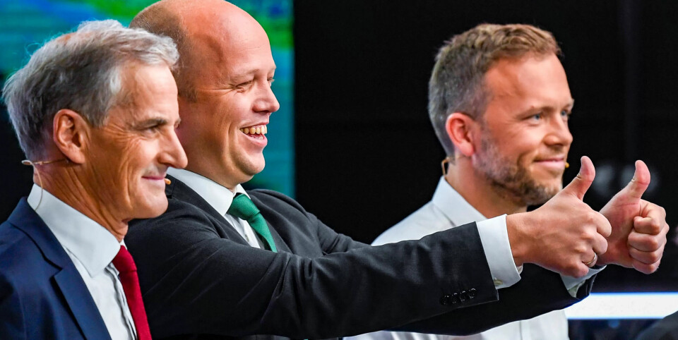 KAN GLEDE SEG: Jonas Gahr Støre (Ap), Trygve Slagsvold Vedum (Sp) og Audun Lysbakken (SV) ønsker å danne regjering sammen. Nå gir svarene fra Fagforbundets medlemmer vind i seilene. Her fra partilederdebatten på TV2 i 2019. KAN GLEDE SEG: Jonas Gahr Støre (Ap), Trygve Slagsvold Vedum (Sp) og Audun Lysbakken (SV) ønsker å danne regjering sammen. Nå gir svarene fra Fagforbundets medlemmer vind i seilene. Her fra partilederdebatten på TV2 i 2019.