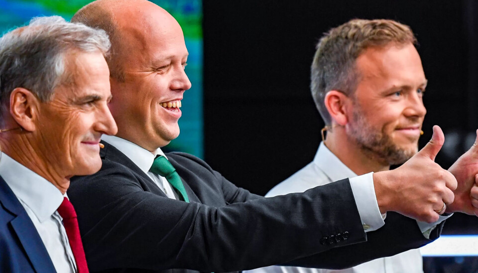 KAN GLEDE SEG: Jonas Gahr Støre (Ap), Trygve Slagsvold Vedum (Sp) og Audun Lysbakken (SV) ønsker å danne regjering sammen. Nå gir svarene fra Fagforbundets medlemmer vind i seilene. Her fra partilederdebatten på TV2 i 2019. KAN GLEDE SEG: Jonas Gahr Støre (Ap), Trygve Slagsvold Vedum (Sp) og Audun Lysbakken (SV) ønsker å danne regjering sammen. Nå gir svarene fra Fagforbundets medlemmer vind i seilene. Her fra partilederdebatten på TV2 i 2019.