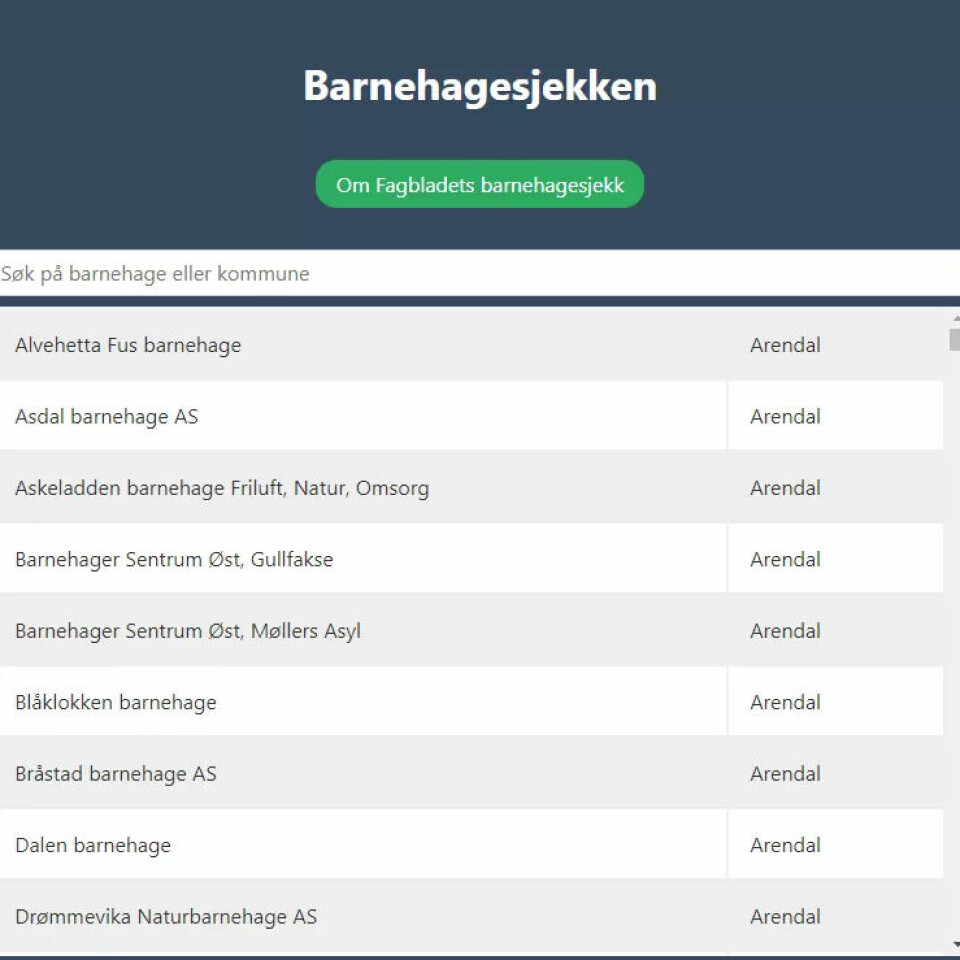 Slik ser «Barnehagesjekken» ut. Her kan du søke opp «din» barnehage eller barnehagene i din kommune. Slik ser «Barnehagesjekken» ut. Her kan du søke opp «din» barnehage eller barnehagene i din kommune.