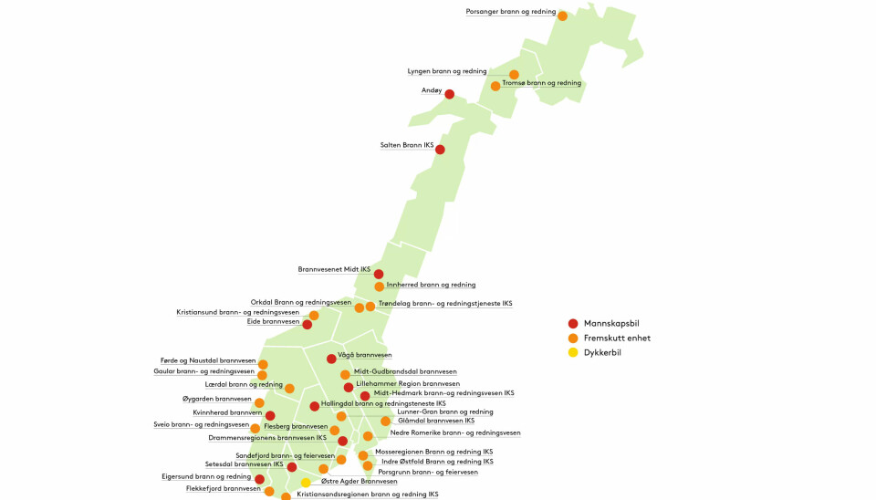 NY BRANNBIL: Rødt er stor mannskapsbil, orange er fremskutt enhet (mindre bil med slukkeutstyr) og gult er dykkerbil. Gavene er hilsen Gjensidigestiftelsen. NY BRANNBIL: Rødt er stor mannskapsbil, orange er fremskutt enhet (mindre bil med slukkeutstyr) og gult er dykkerbil. Gavene er hilsen Gjensidigestiftelsen.