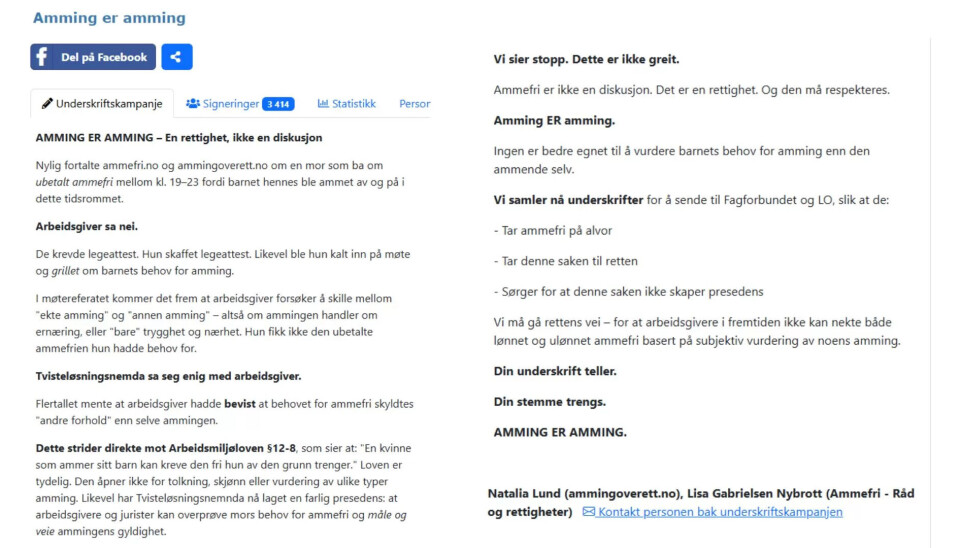 STØTTER AMMEFRI: Organisasjonen Ammefri og nettstedet for amming over ett år, mener arbeidsgiver skiller mellom ulike typer amming. Skjernbilde av oppropet. STØTTER AMMEFRI: Organisasjonen Ammefri og nettstedet for amming over ett år, mener arbeidsgiver skiller mellom ulike typer amming. Skjernbilde av oppropet.