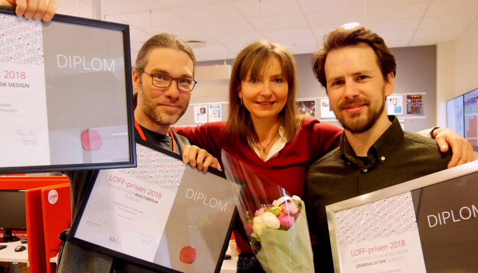 VINNERE: Fagbladet vant tre av fire mulige priser og ble belønnet for beste journalitiskk, grafikk og multimedia. Fra venstre utviklingsredaktør Vidar Eriksen, redaktør Hege Bakken og journalist Bjørn A. Grimstad. VINNERE: Fagbladet vant tre av fire mulige priser og ble belønnet for beste journalitiskk, grafikk og multimedia. Fra venstre utviklingsredaktør Vidar Eriksen, redaktør Hege Bakken og journalist Bjørn A. Grimstad.