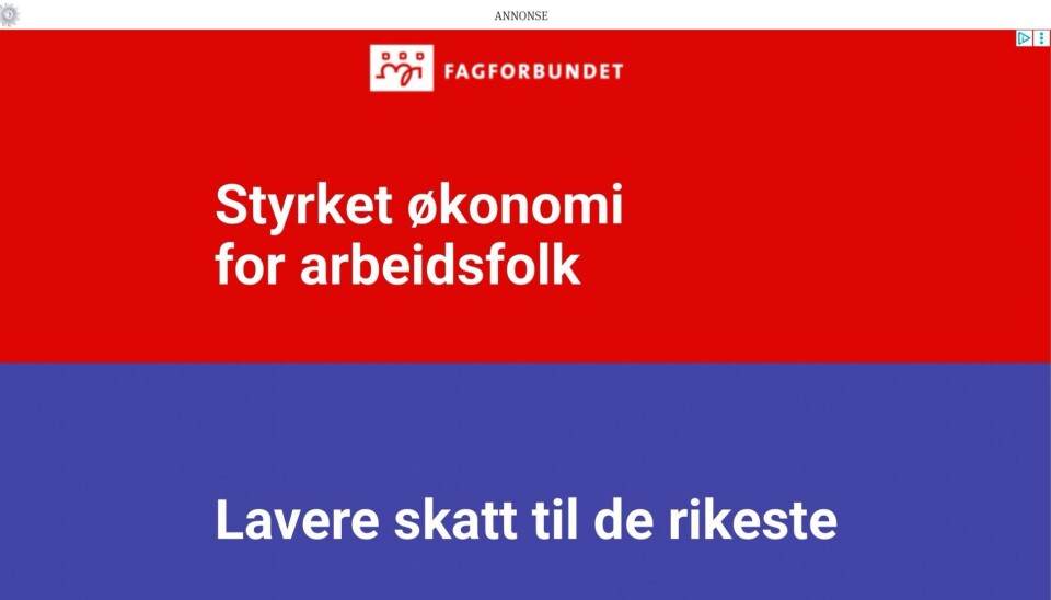 Fagforbundet har annonser i blant andre Nettavisen i valkampen 2025 Fagforbundet har annonser i blant andre Nettavisen i valkampen 2025