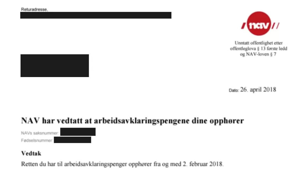 FOR SENT: Her er en skjermdump fra brevet Maria fikk fra Nav da hun gikk ut i karens. AAP-en ble stoppet 2. februar. Varselet er datert og sendt til Maria først 26. april.